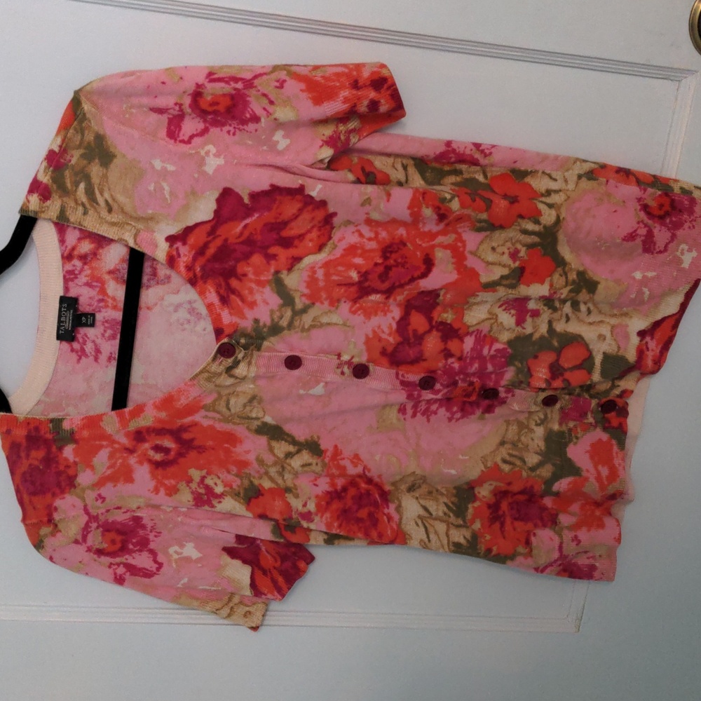 Talbots XP Short Sleeve Button Down Pink, Orange and Green Lightweight Top
